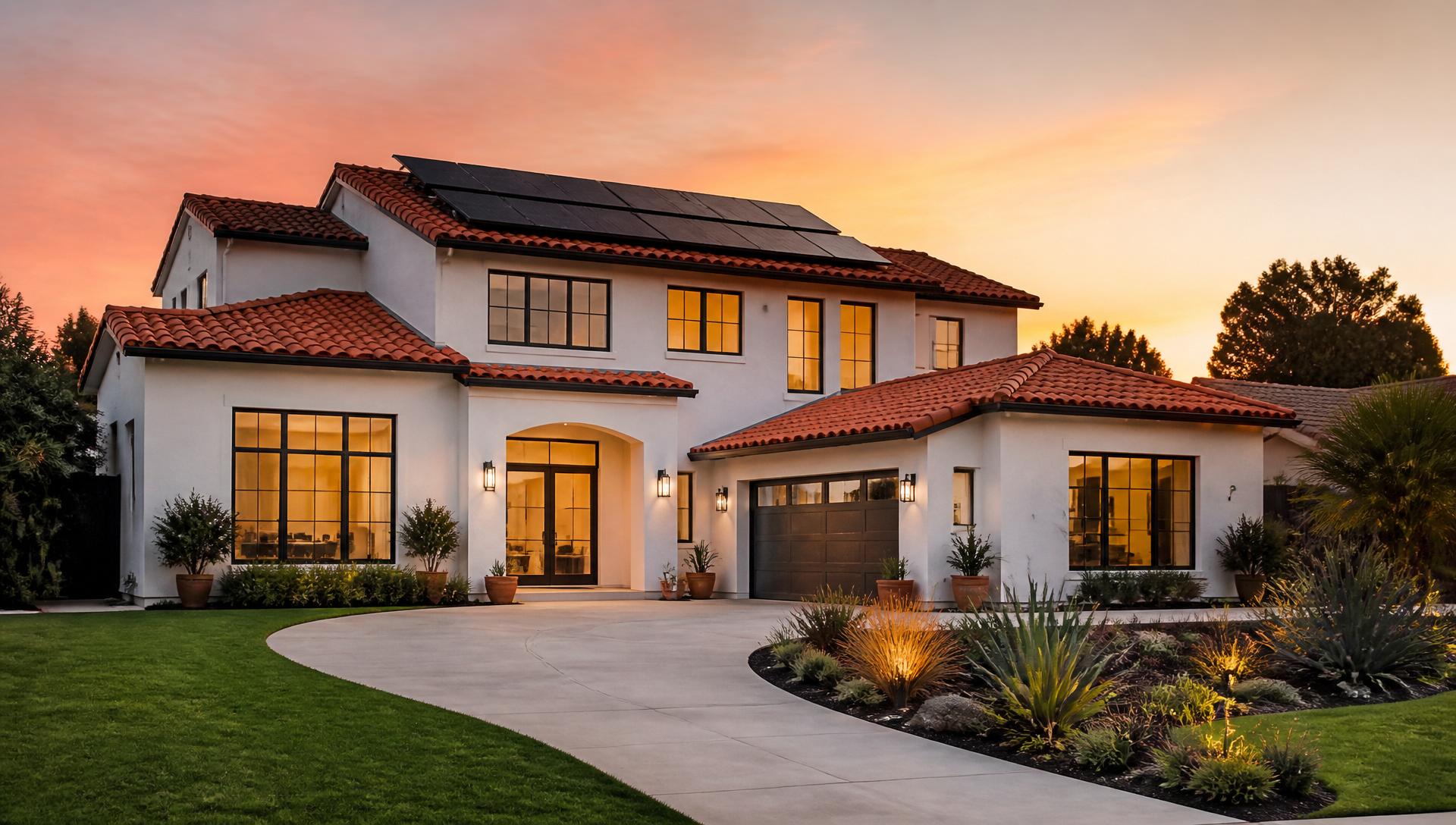 A modern California home with rooftop solar panels at golden hour
